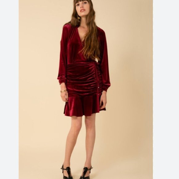 Hale Bob Manon Shirred Velvet Faux Wrap Mini Dress Burgundy Size XS NWT - Picture 2 of 8